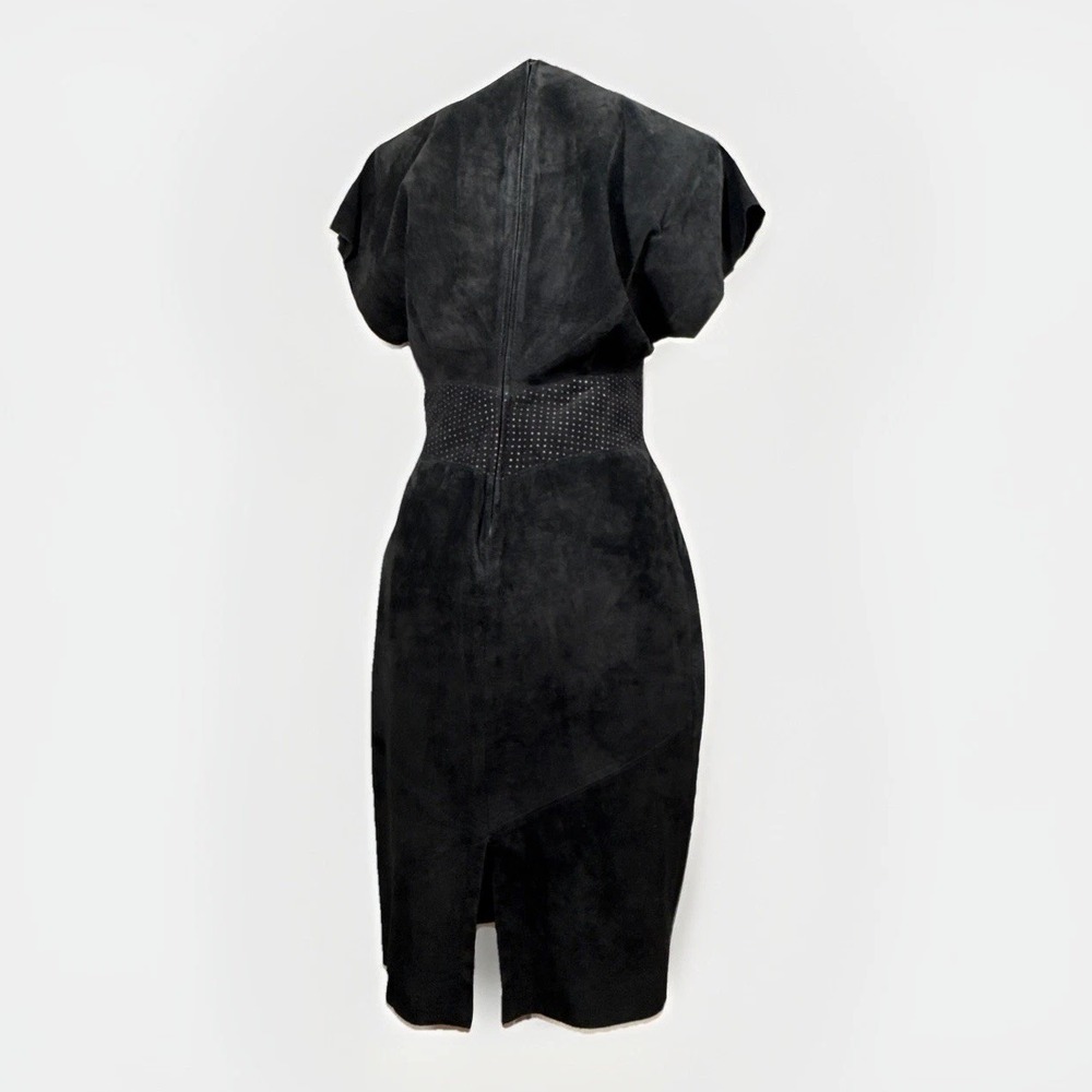 Vintage Lauren Alexandra Black Leather Midi Dress XS Corset Fit Pleated Pockets - Picture 4 of 16